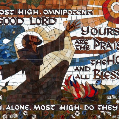 Giant ceramic tile murals created by our Sisters surround the Franciscan Center.