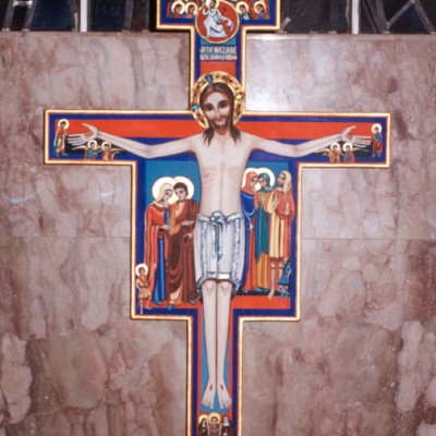 The San Damiano Crucifix, modeled after the cross that was significant in Francis’ conversion, was painted by Sister Ruth Marie using egg tempera on gessoed wood.
