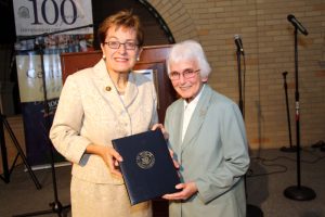 U.S. Congress Representative Marcy Kaptur, a longtime supporter of the Sisters of St. Francis, presented Sister Mary Jon with a copy of the presentation she made to the House of Representatives about the 100th anniversary of the Sisters coming to Ohio.