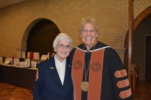 Sister Mary Jon Wagner, Congregational Minister for the Sisters of St. Francis of Sylvania, and Mary Ann Gawelek, new president of Lourdes University, at the reception in the Franciscan Center.
